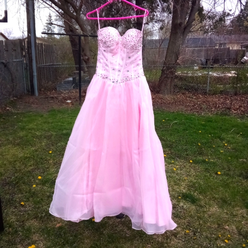 Pink Bejeweled Corset Maxi Prom Dress